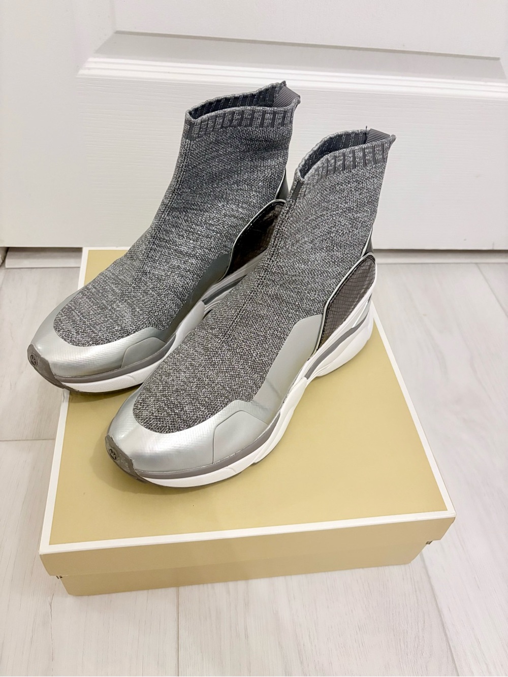 MICHAEL Michael Kors Grey Knit Sock Sneakers with Silver Accents
